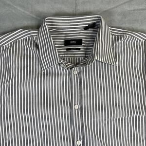 Hugo Boss Dress Shirt Mens 16-32/33 White Gray Striped Slim Fit Button Up